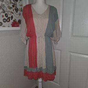 Multicolor Belted V-Neck Casual Dress